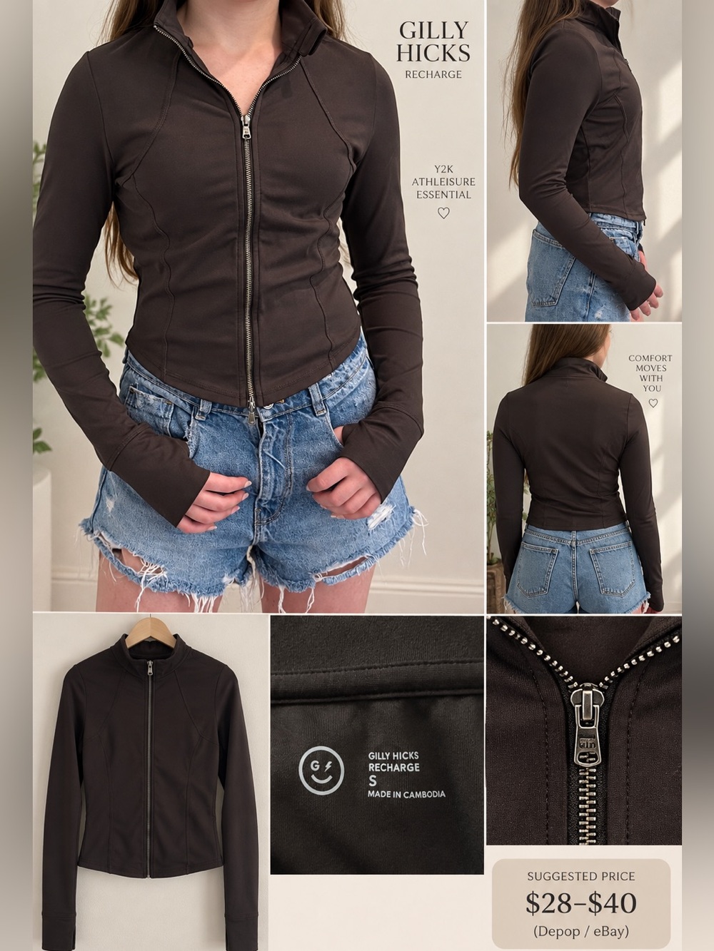 Y2K Gilly Hicks Recharge Women’s S Brown Athleisure Zip Jacket Thumbholes